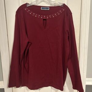 Karen Scott Burgundy Long Sleeve Top with Studded Neckline